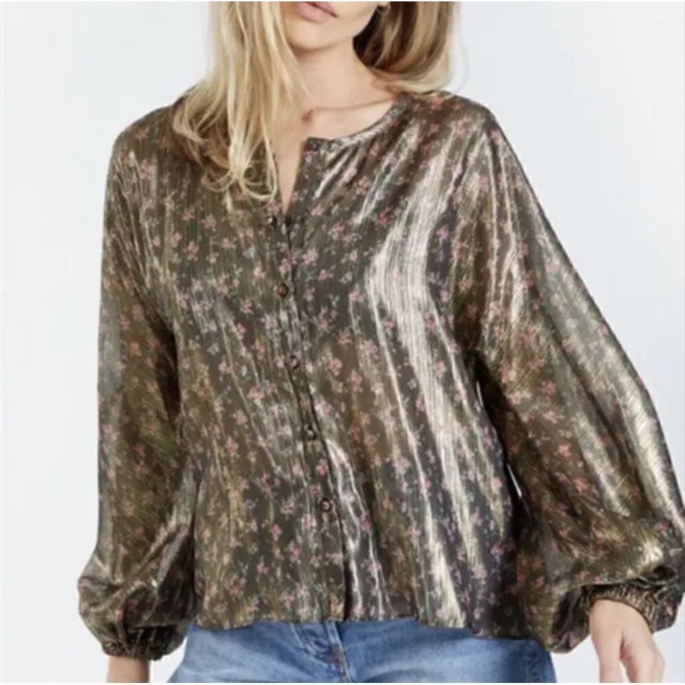 LoveShackFancy Olive Green Metallic Floral Button-Front Blouse
